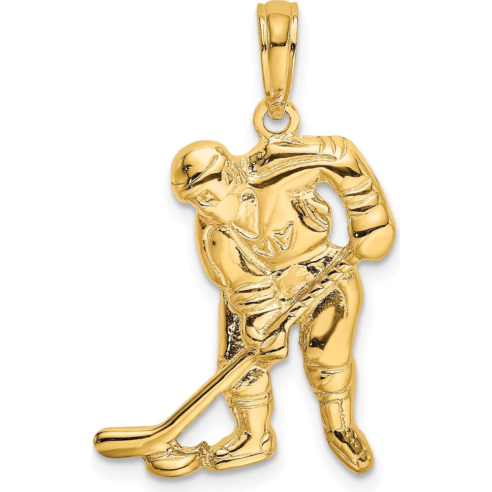 10K Yellow Gold Hockey Player with Stick and Puck Charm - Polished Finish, Textured Design