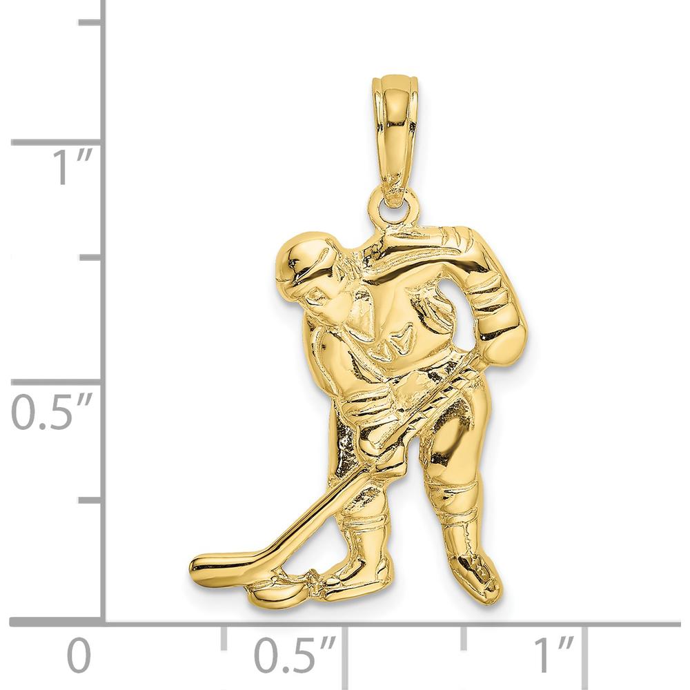 10K Yellow Gold Hockey Player with Stick and Puck Charm - Polished Finish, Textured Design