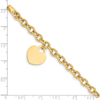 10K Yellow Gold Hollow Heart Charm Bracelet with Polished Finish - 7.25in Length