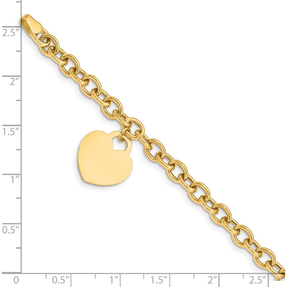10K Yellow Gold Hollow Heart Charm Bracelet with Polished Finish - 7.25in Length