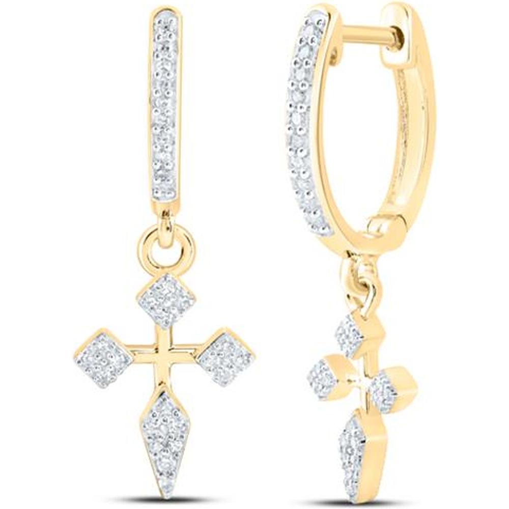 10K Yellow Gold Hoop Dangle Earrings with Prong Set Round Diamonds in Cross Motif - 1/6 Carat Total Diamond Weight