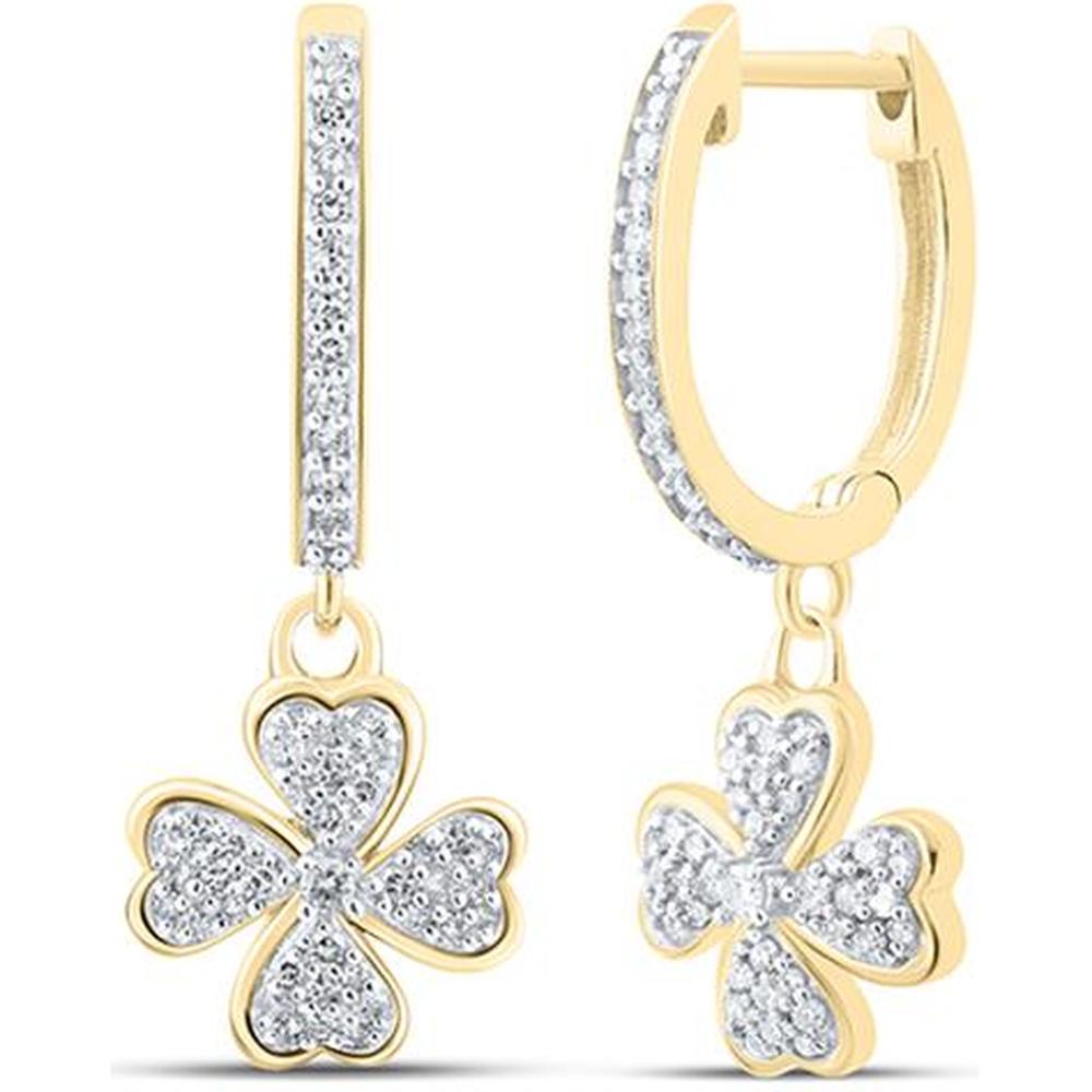 10K Yellow Gold Hoop Earrings with Prong-Set Round Diamonds and Clover Heart Dangle Charms - 1/3 Carat Total Diamond Weight