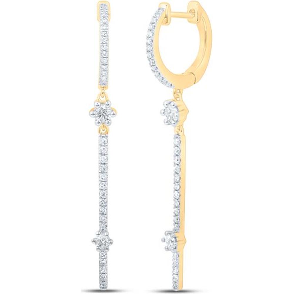 10K Yellow Gold Hoop Stick Dangle Earrings with Prong-Set Round Diamonds - 0.53 Carat Total Diamond Weight