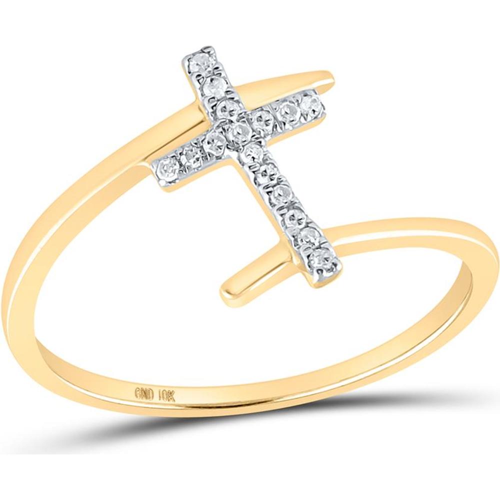 10K Yellow Gold Horizontal Cross Ring with Pave-Set Round Diamonds - 1/12 Carat Total Diamond Weight