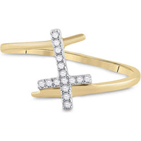 10K Yellow Gold Horizontal Cross Ring with Pave-Set Round Diamonds - 1/12 Carat Total Diamond Weight