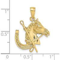 10K Yellow Gold Horse Head with Horseshoe and Crop Charm - 26.2mm Length, 21.35mm Width
