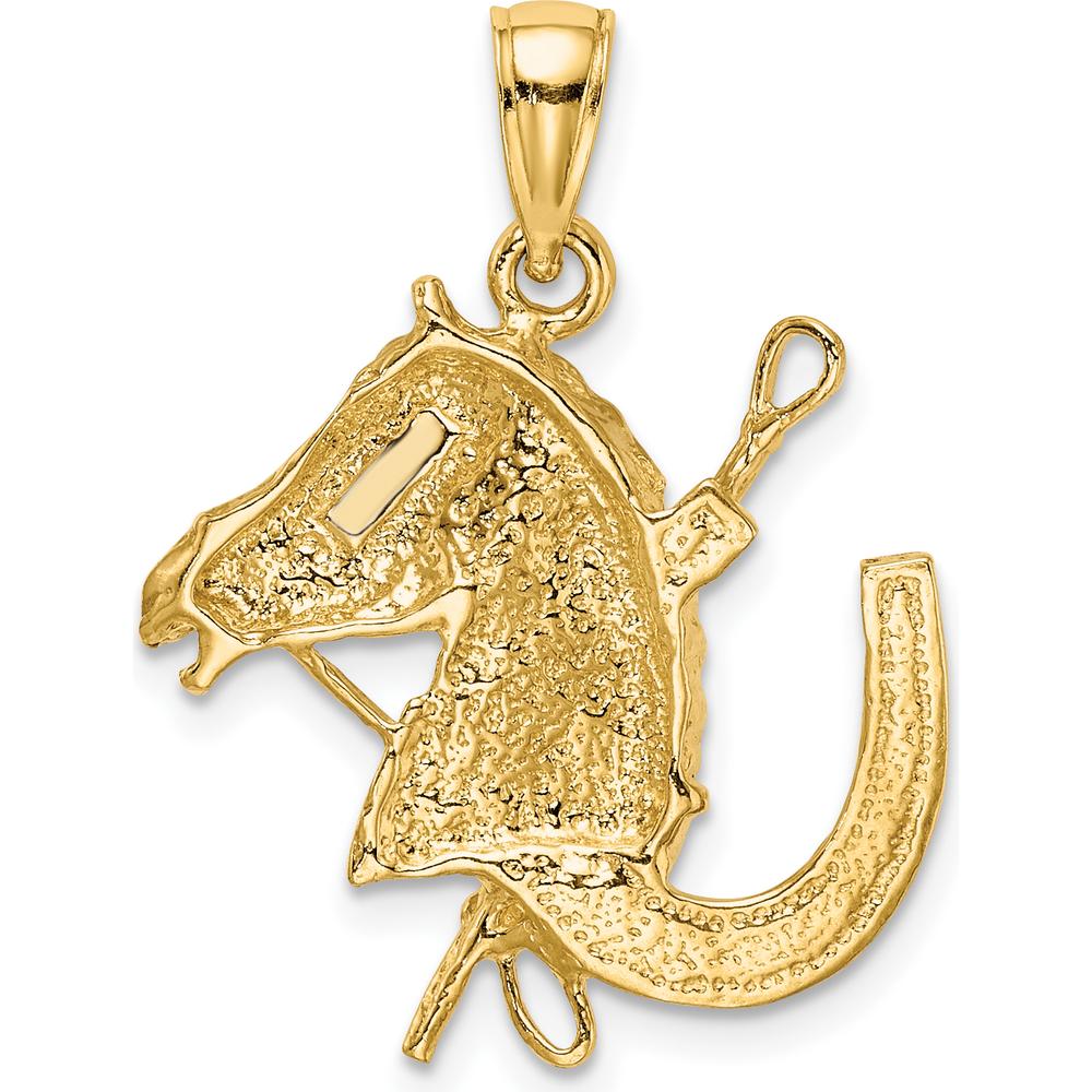 10K Yellow Gold Horse Head with Horseshoe and Crop Charm - 26.2mm Length, 21.35mm Width