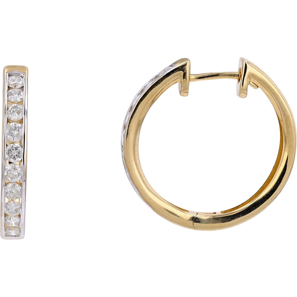 10K Yellow Gold Huggie Hoop Earrings with Channel-Set Round Diamonds - 1.00 Carat Total Diamond Weight