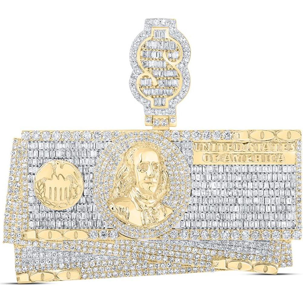 10K Yellow Gold Hundred Dollar Bill Pendant with Prong-Set Baguette and Round Diamonds - 6.87 Carat Total Diamond Weight