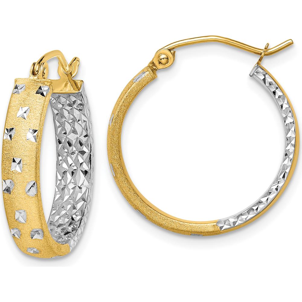10K Yellow Gold In/Out Hoop Earrings with White Rhodium Satin Polished Diamond-Cut Texture - 26mm