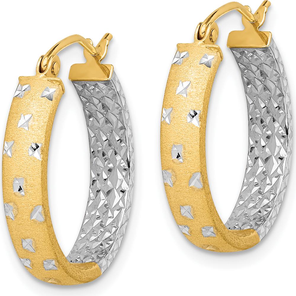 10K Yellow Gold In/Out Hoop Earrings with White Rhodium Satin Polished Diamond-Cut Texture - 26mm
