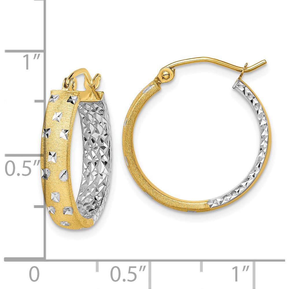 10K Yellow Gold In/Out Hoop Earrings with White Rhodium Satin Polished Diamond-Cut Texture - 26mm