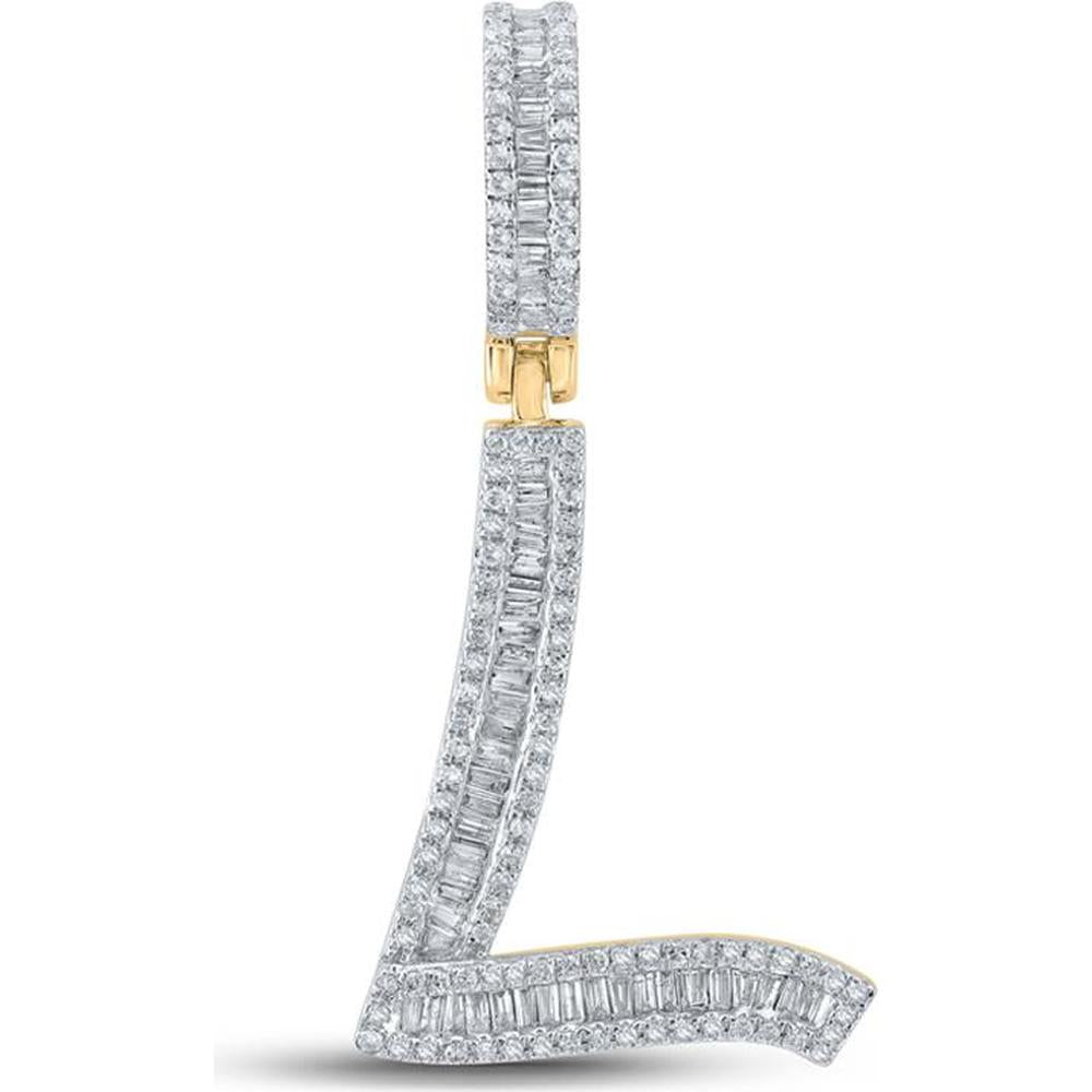 10K Yellow Gold Initial L Pendant with Channel-Set Baguette and Prong-Set Round Diamonds - 0.62 Carat Total Diamond Weight