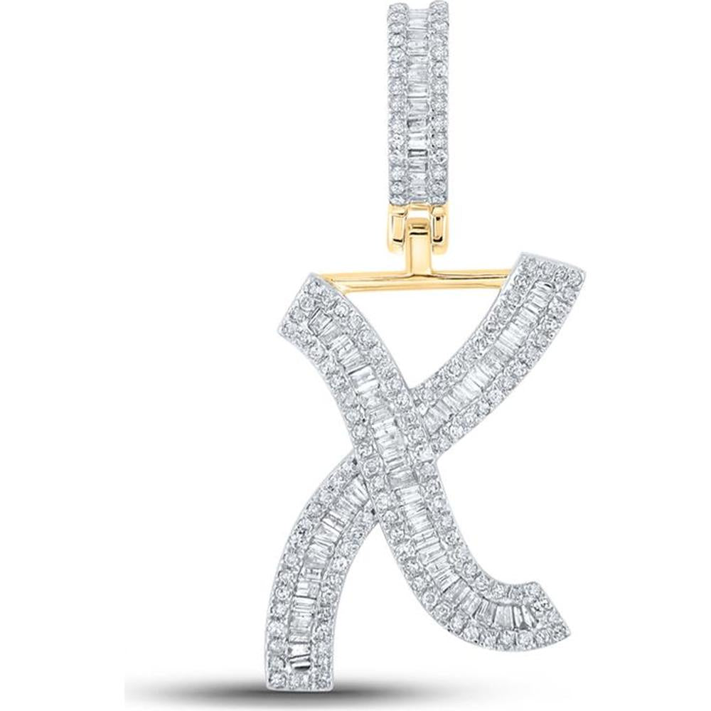 10K Yellow Gold Initial X Pendant with Baguette and Round Diamonds - 3/4 Carat Total Weight