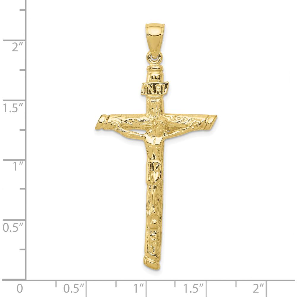 10K Yellow Gold INRI Crucifix Pendant - Polished Textured Design