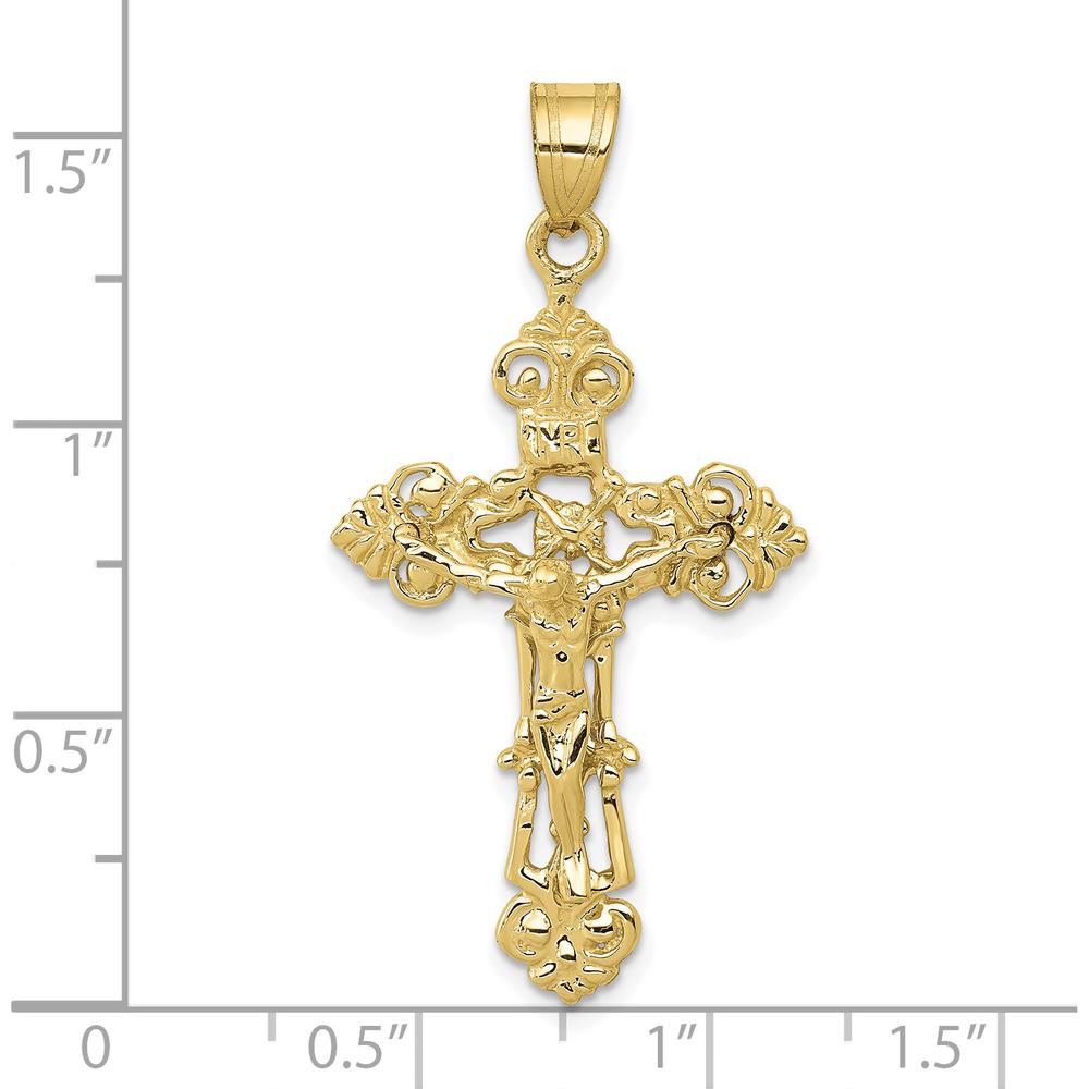10K Yellow Gold INRI Fleur De Lis Crucifix Pendant - Polished Finish - 41mm Length