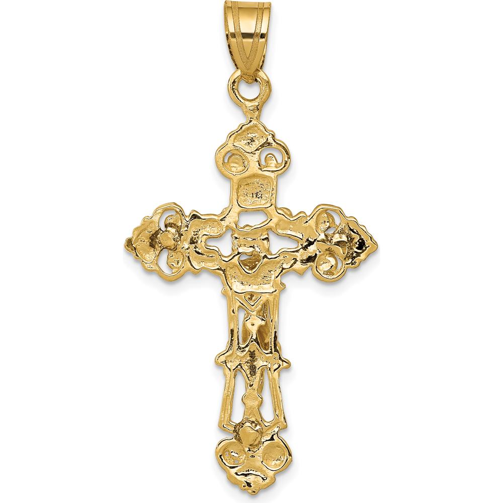 10K Yellow Gold INRI Fleur De Lis Crucifix Pendant - Polished Finish - 41mm Length