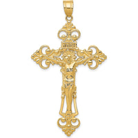 10K Yellow Gold INRI Fleur De Lis Crucifix Pendant - Polished Finish, 66mm Length
