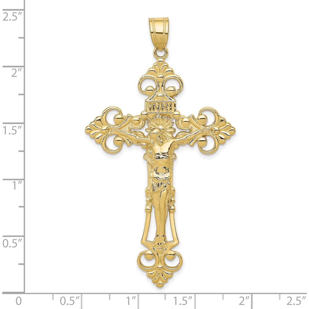 10K Yellow Gold INRI Fleur De Lis Crucifix Pendant - Polished Finish, 66mm Length