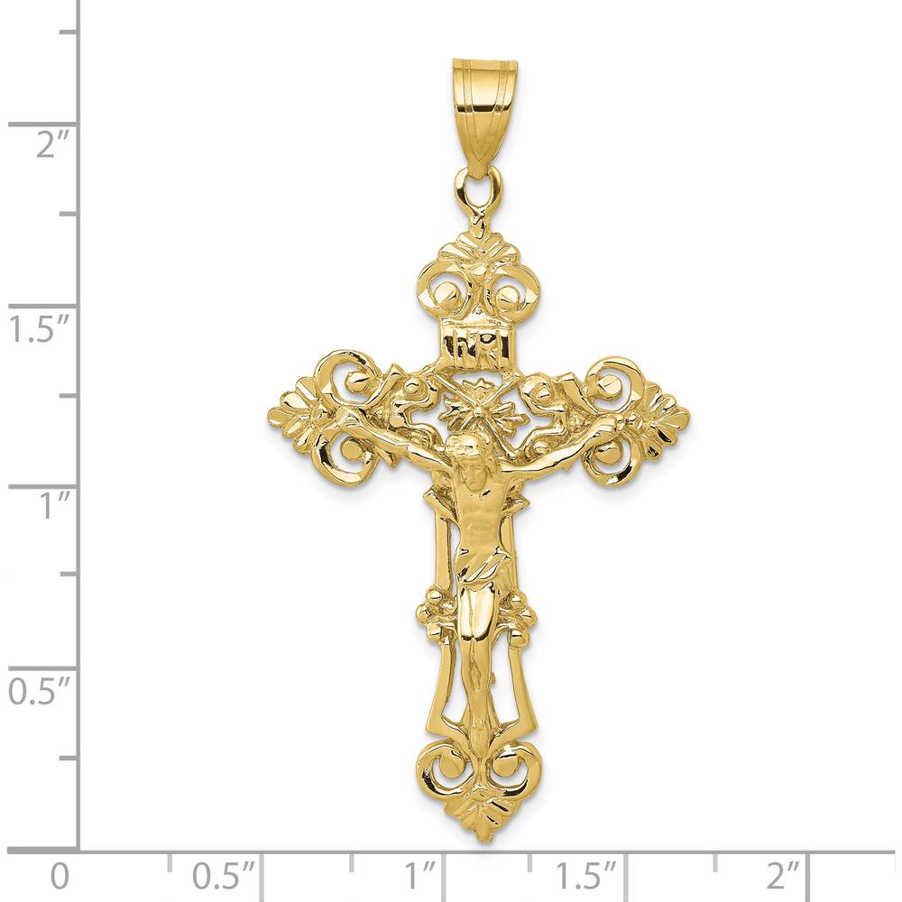 10K Yellow Gold INRI Fleur De Lis Crucifix Pendant with Polished Finish - 57mm