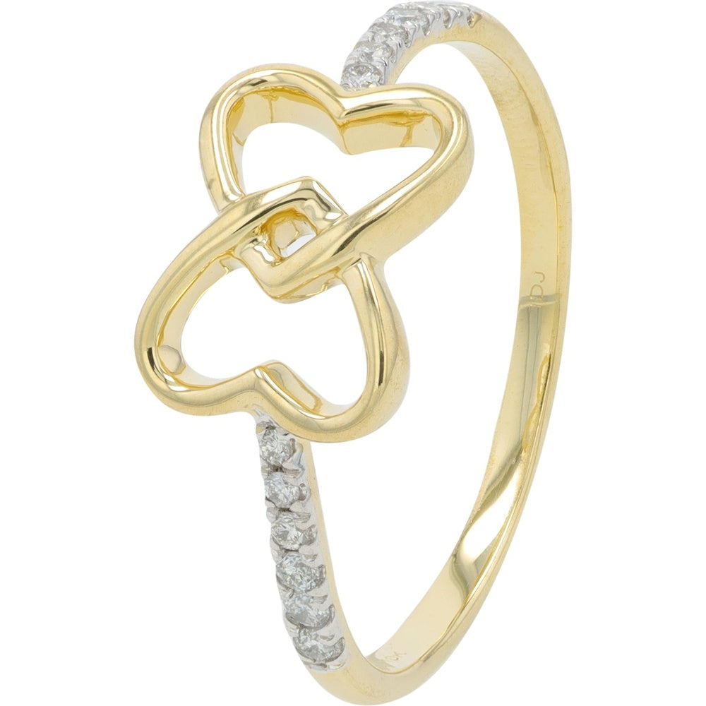 10K Yellow Gold Interlocking Double Heart Ring with Round Diamond Accents - 0.10 Carat Total Diamond Weight