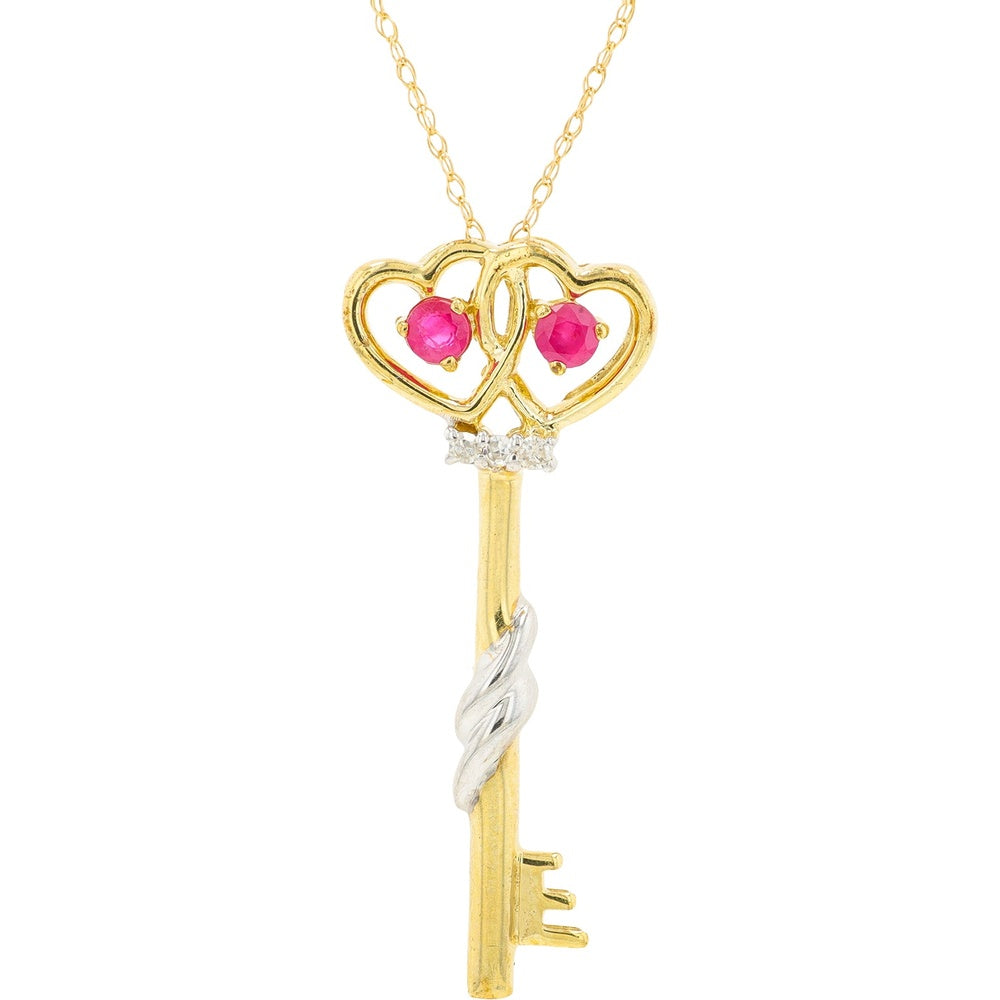 10K Yellow Gold Interlocking Heart Key Pendant with Round Rubies and Diamond Accents - 0.60 Carat Total Ruby Weight and 0.03 Carat Total Diamond Weight