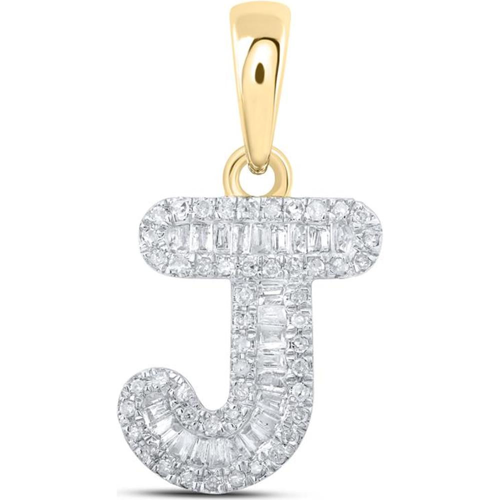 10K Yellow Gold 'J' Initial Pendant with Baguette and Round Diamonds - 1/3 Carat Total Diamond Weight