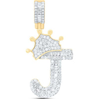 10K Yellow Gold "J" Initial Pendant with Crown Featuring Channel-Set Baguette and Pave Round Diamonds - 1/2 Carat Total Diamond Weight