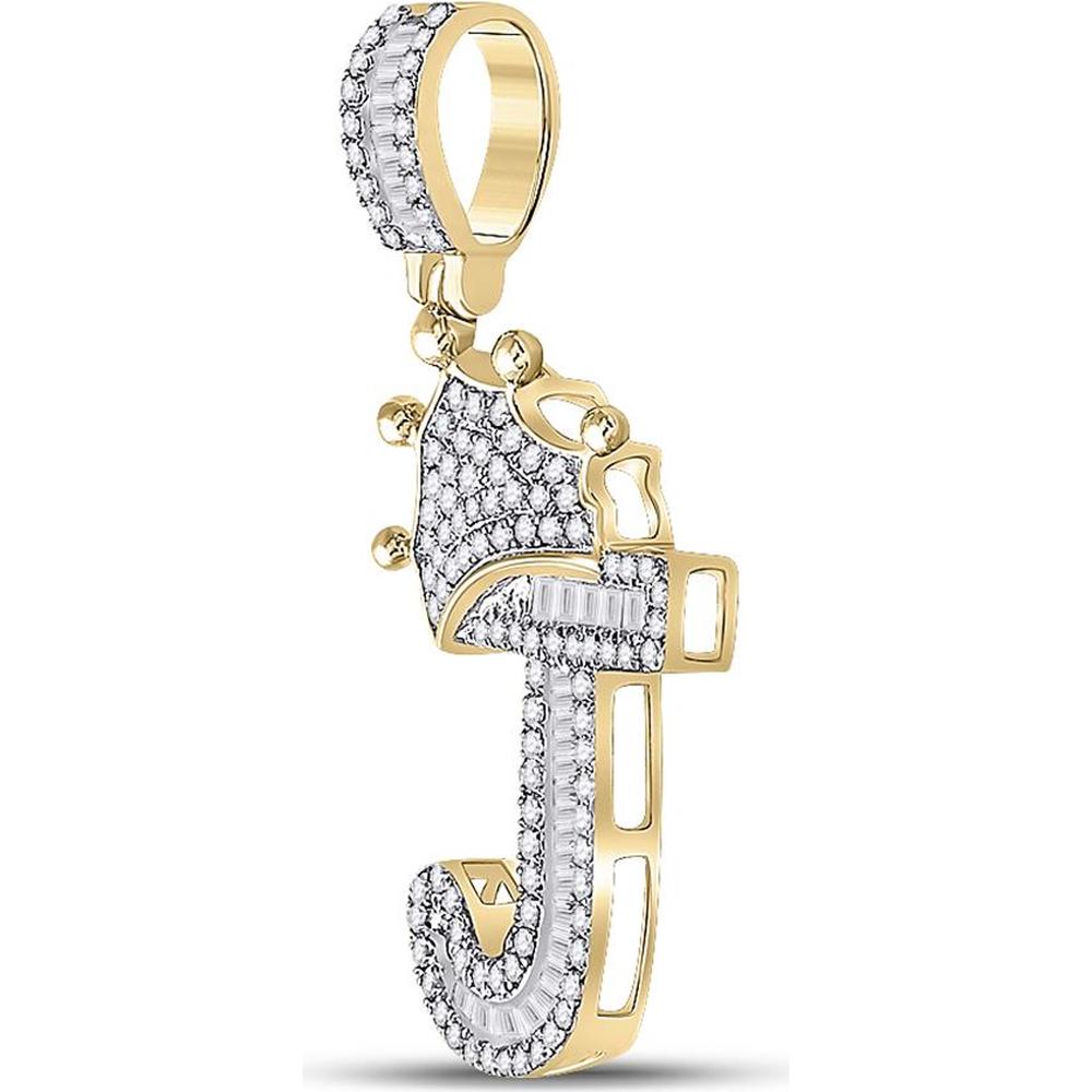 10K Yellow Gold "J" Initial Pendant with Crown Featuring Channel-Set Baguette and Pave Round Diamonds - 1/2 Carat Total Diamond Weight
