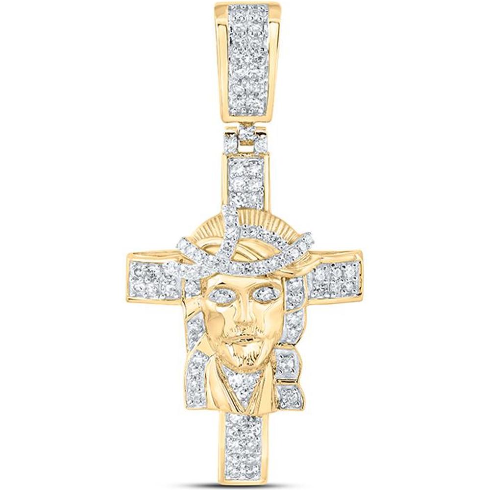 10K Yellow Gold Jesus Cross Pendant with Round Diamonds - 1/2 Carat Total Diamond Weight