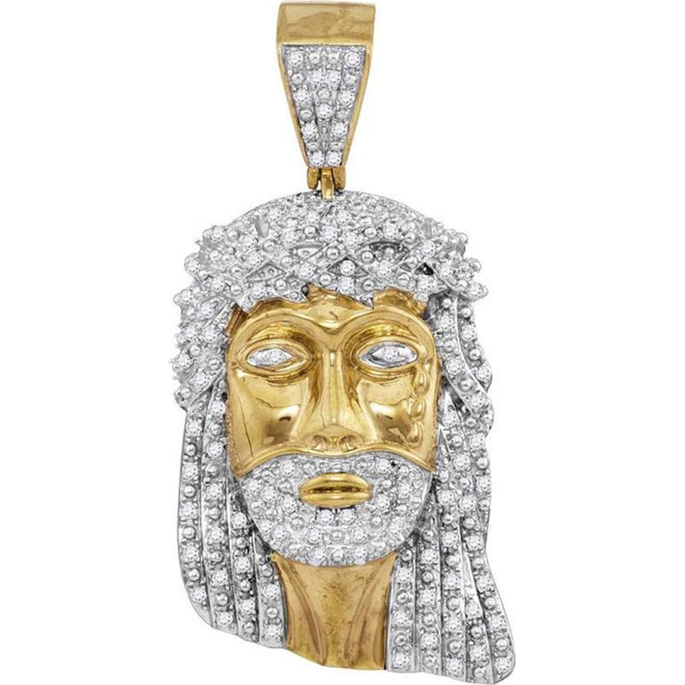 10K Yellow Gold Jesus Face Pendant with Pave-Set Round Diamonds - 7/8 Carat Total Diamond Weight