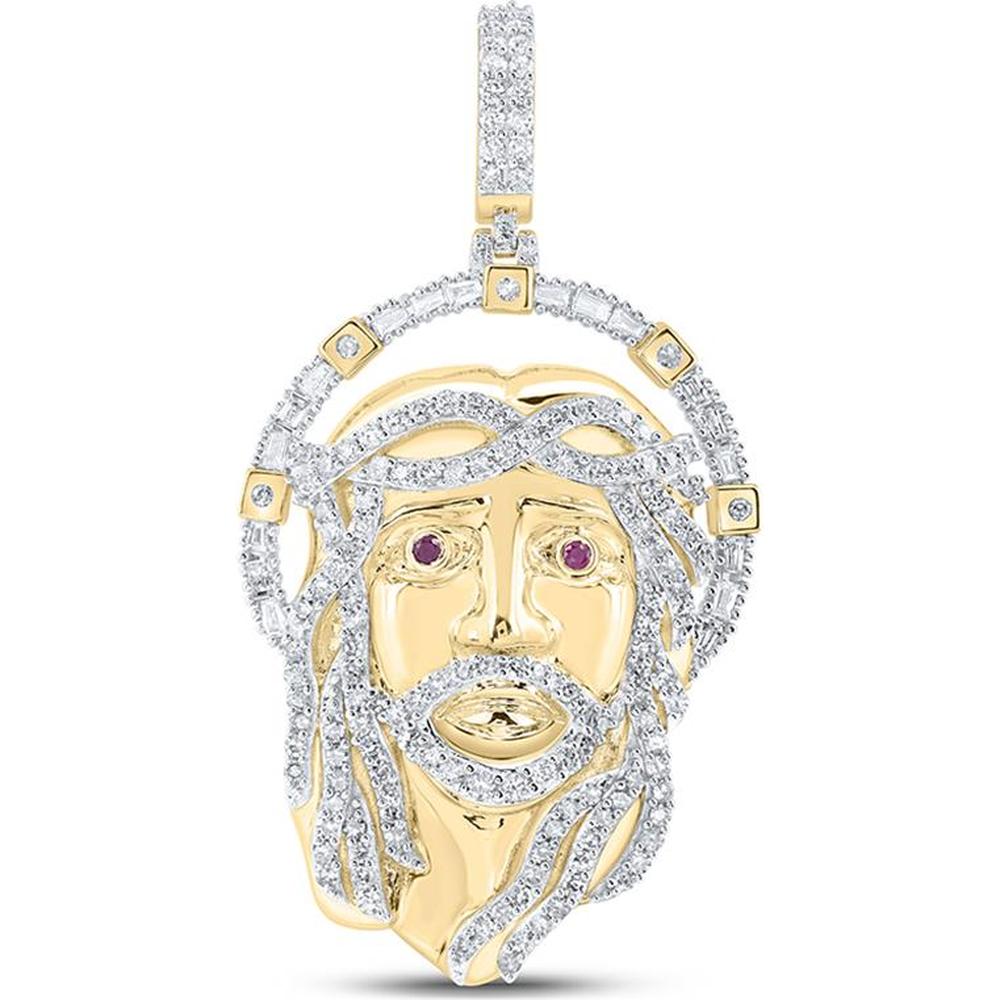 10K Yellow Gold Jesus Face Pendant with Round Diamonds and Ruby - 1.75 Carat Total Gem Weight