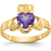 10K Yellow Gold June Birthstone Claddagh Ring with Heart-Shaped Amethyst