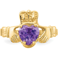 10K Yellow Gold June Birthstone Claddagh Ring with Heart-Shaped Amethyst