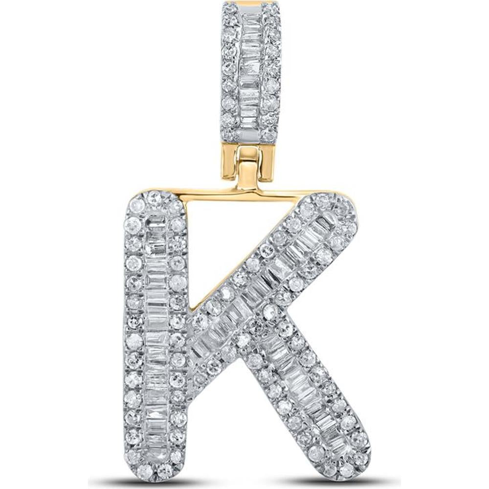 10K Yellow Gold K Initial Pendant with Channel-Set Baguette and Pavé Round Diamonds - 0.38 Carat Total Diamond Weight
