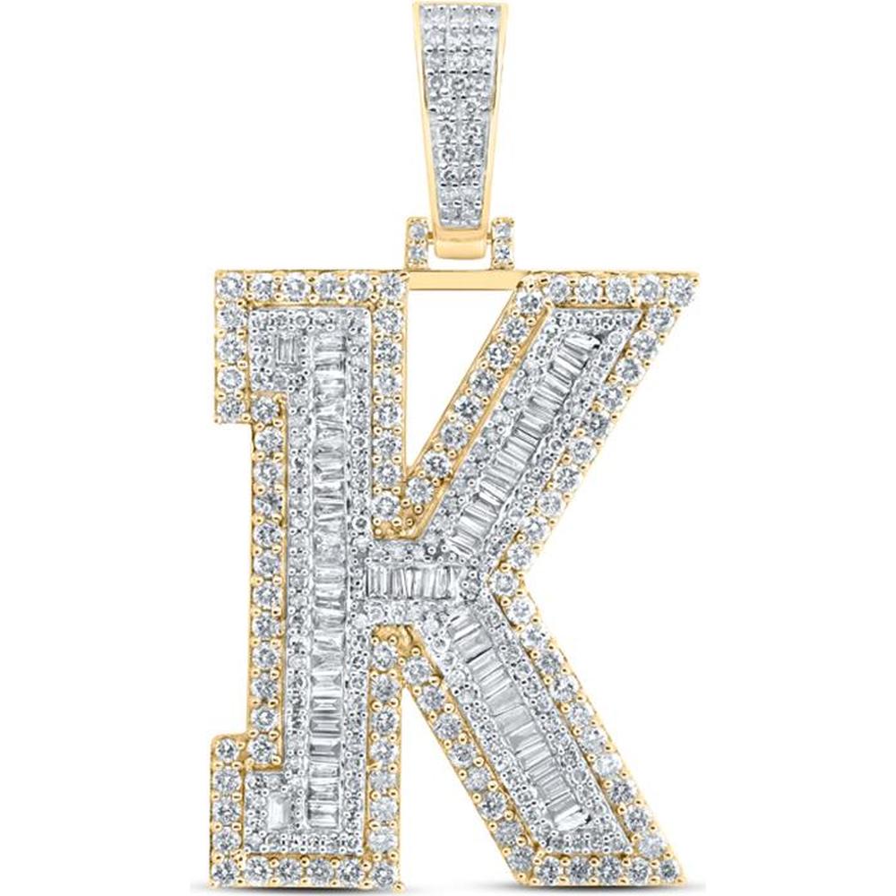 10K Yellow Gold K Initial Pendant with Channel-Set Baguette Diamonds 0.75 Carat and Prong-Set Round Diamonds 2.34 Carat - 3.00 Carat Total Diamond Weight
