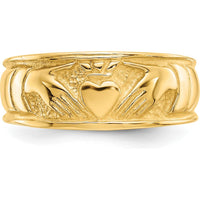10K Yellow Gold Ladies Claddagh Ring with Polished Finish and Iconic Heart Design