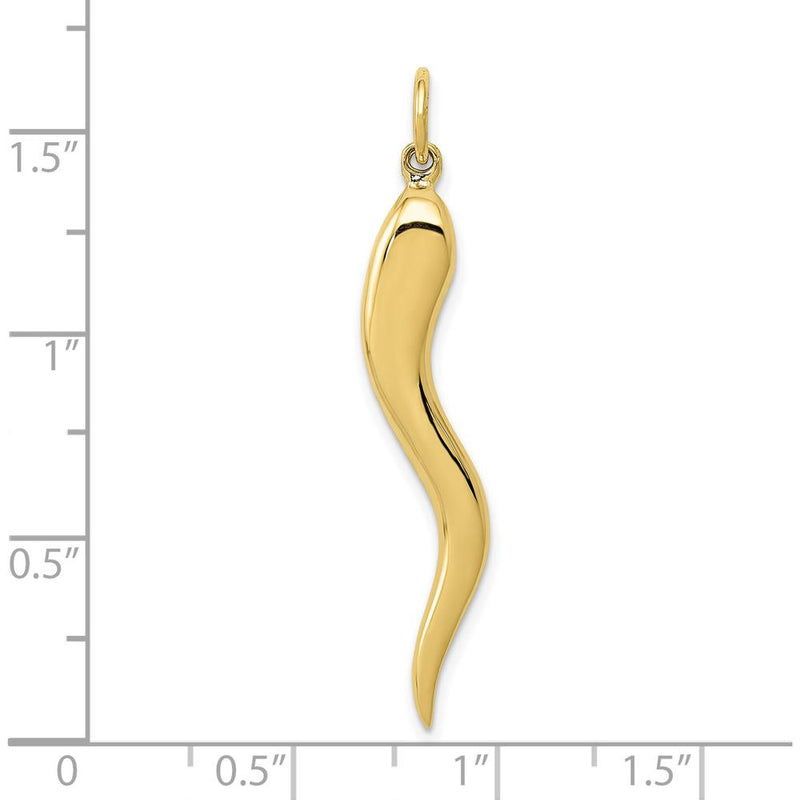 10K Yellow Gold Large Italian Horn Charm Pendant - 40mm Solid 3D Design