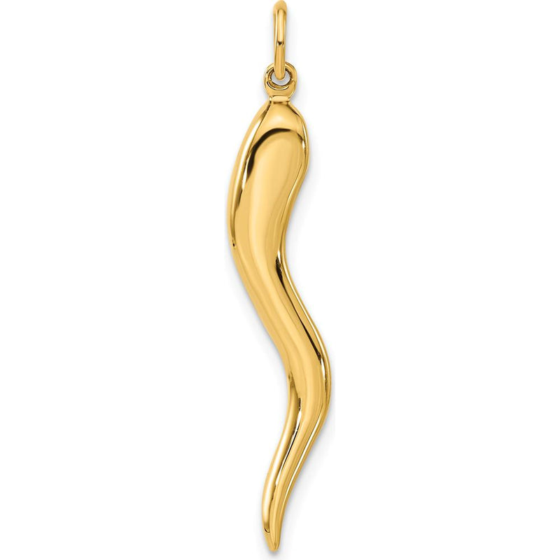 10K Yellow Gold Large Italian Horn Charm Pendant - 40mm Solid 3D Design