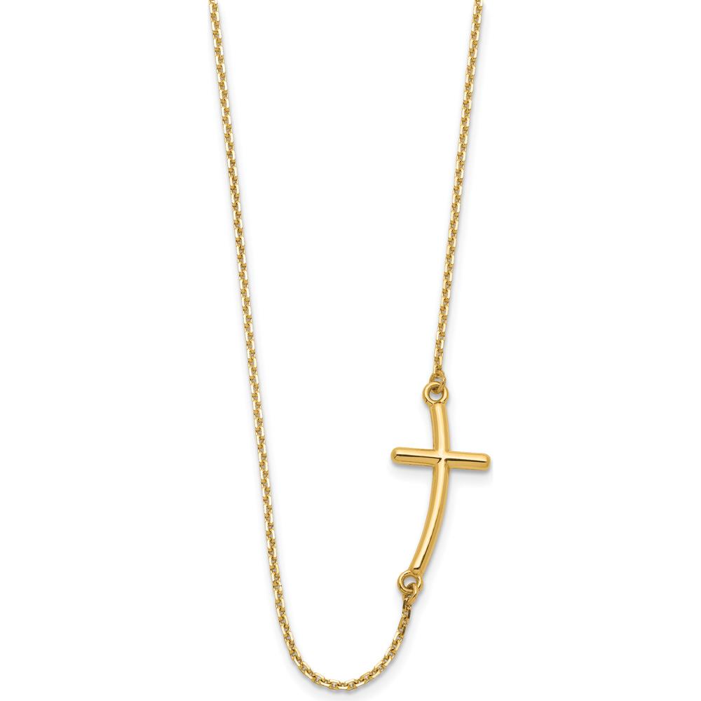 10K Yellow Gold Large Sideways Curved Cross Necklace with Polished Finish and Cable Chain - 19"