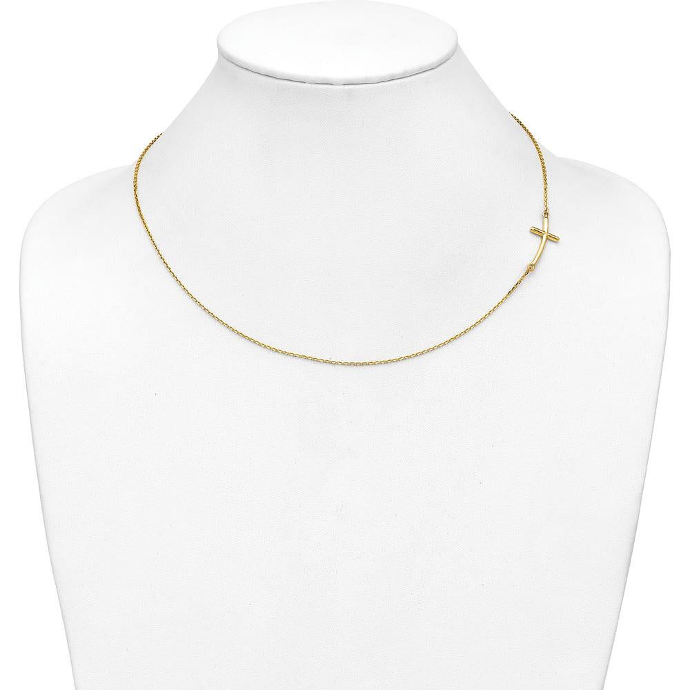 10K Yellow Gold Large Sideways Curved Cross Necklace with Polished Finish and Cable Chain - 19"