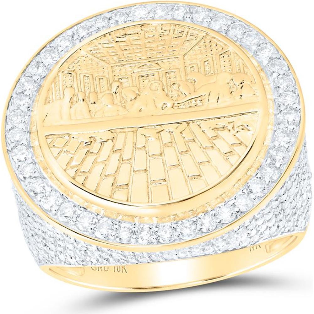 10K Yellow Gold Last Supper Motif Ring with Prong-Set Round Diamonds - 2.42 Carat Total Diamond Weight