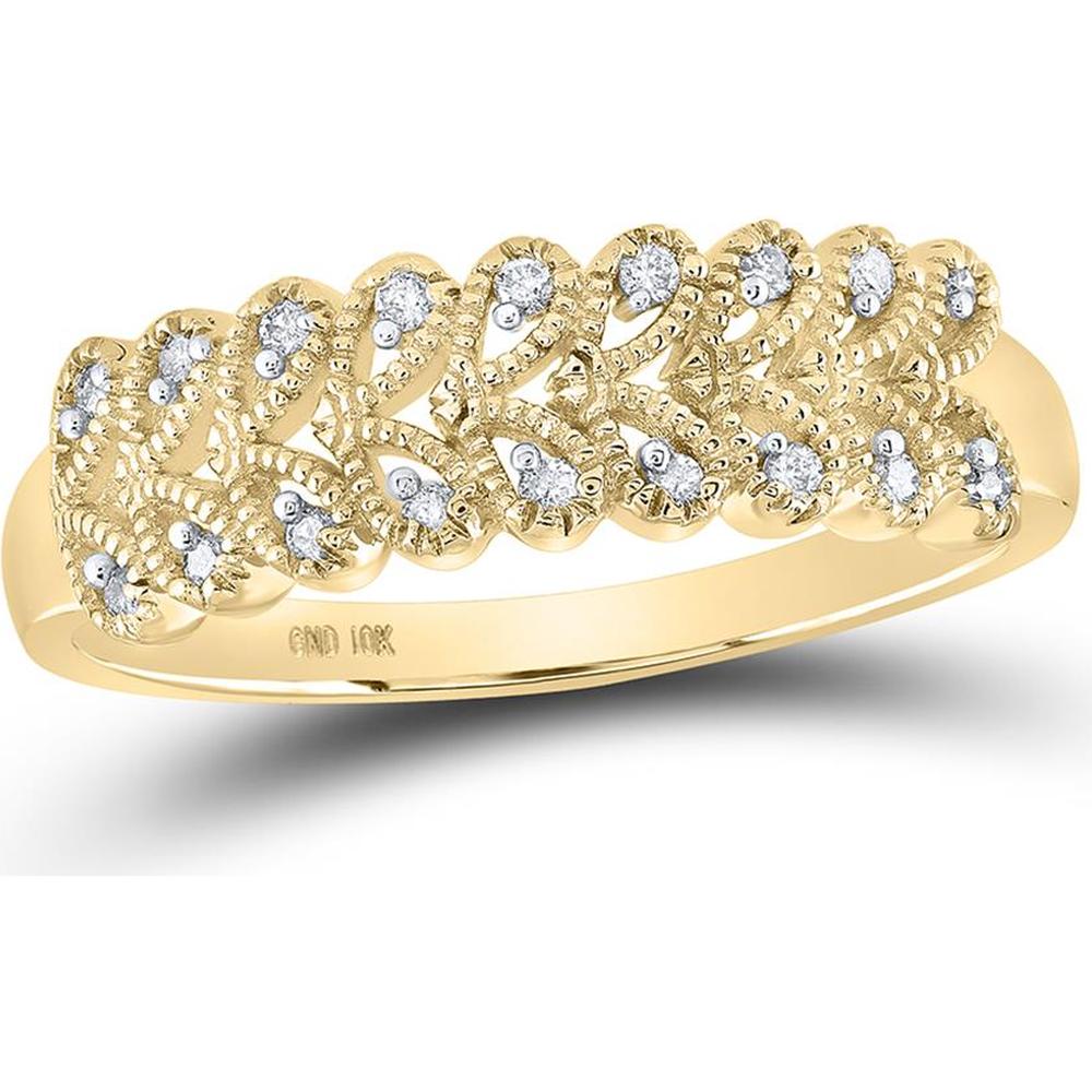 10K Yellow Gold Leaf Motif Band with Prong-Set Round Diamonds - 0.10 Carat Total Diamond Weight