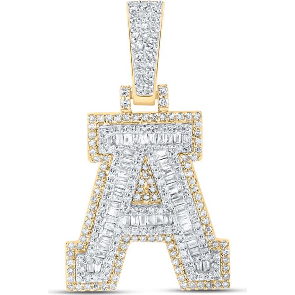 10K Yellow Gold Letter A Pendant with Prong-Set Baguette and Round Diamonds - 0.625 Carat Total Diamond Weight