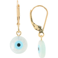 10K Yellow Gold Lever-Back Evil Eye Drop Earrings with Mother of Pearl and Blue Enamel Inlay - Total Stone Weight