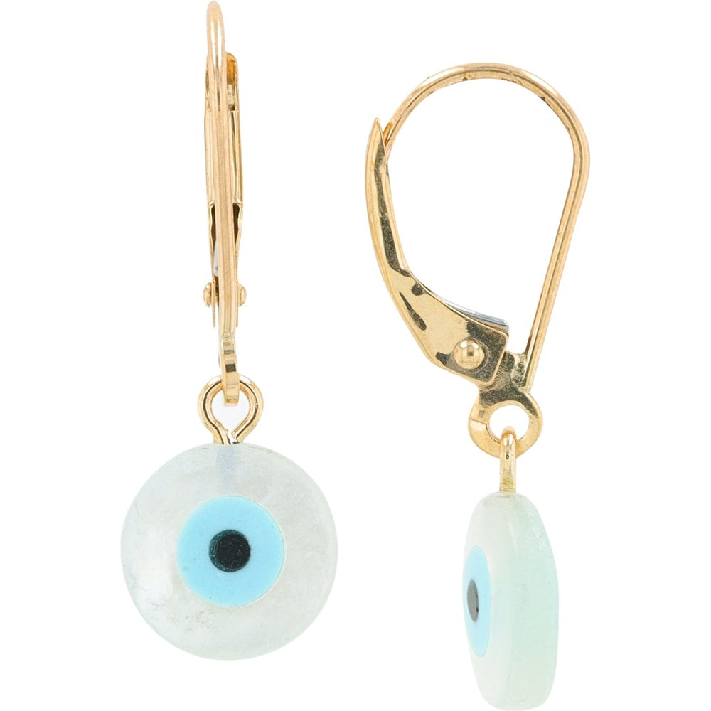 10K Yellow Gold Lever-Back Evil Eye Drop Earrings with Mother of Pearl and Blue Enamel Inlay - Total Stone Weight