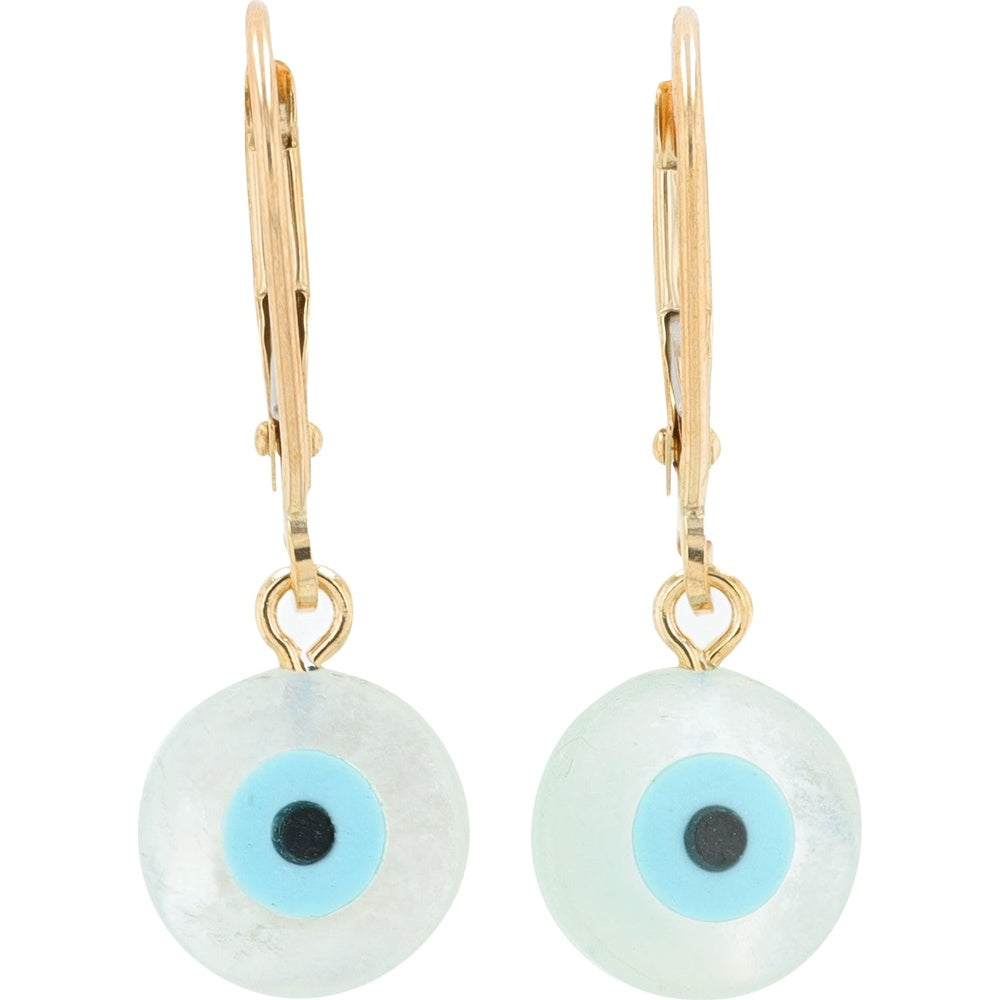 10K Yellow Gold Lever-Back Evil Eye Drop Earrings with Mother of Pearl and Blue Enamel Inlay - Total Stone Weight