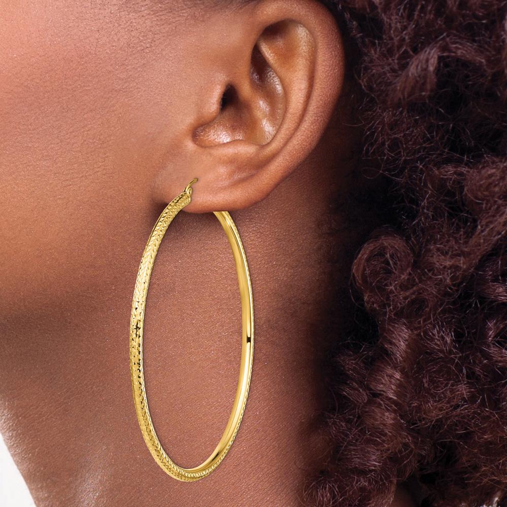 10K Yellow Gold Lightweight Diamond-cut Large Hoop Earrings - 3mm Thickness