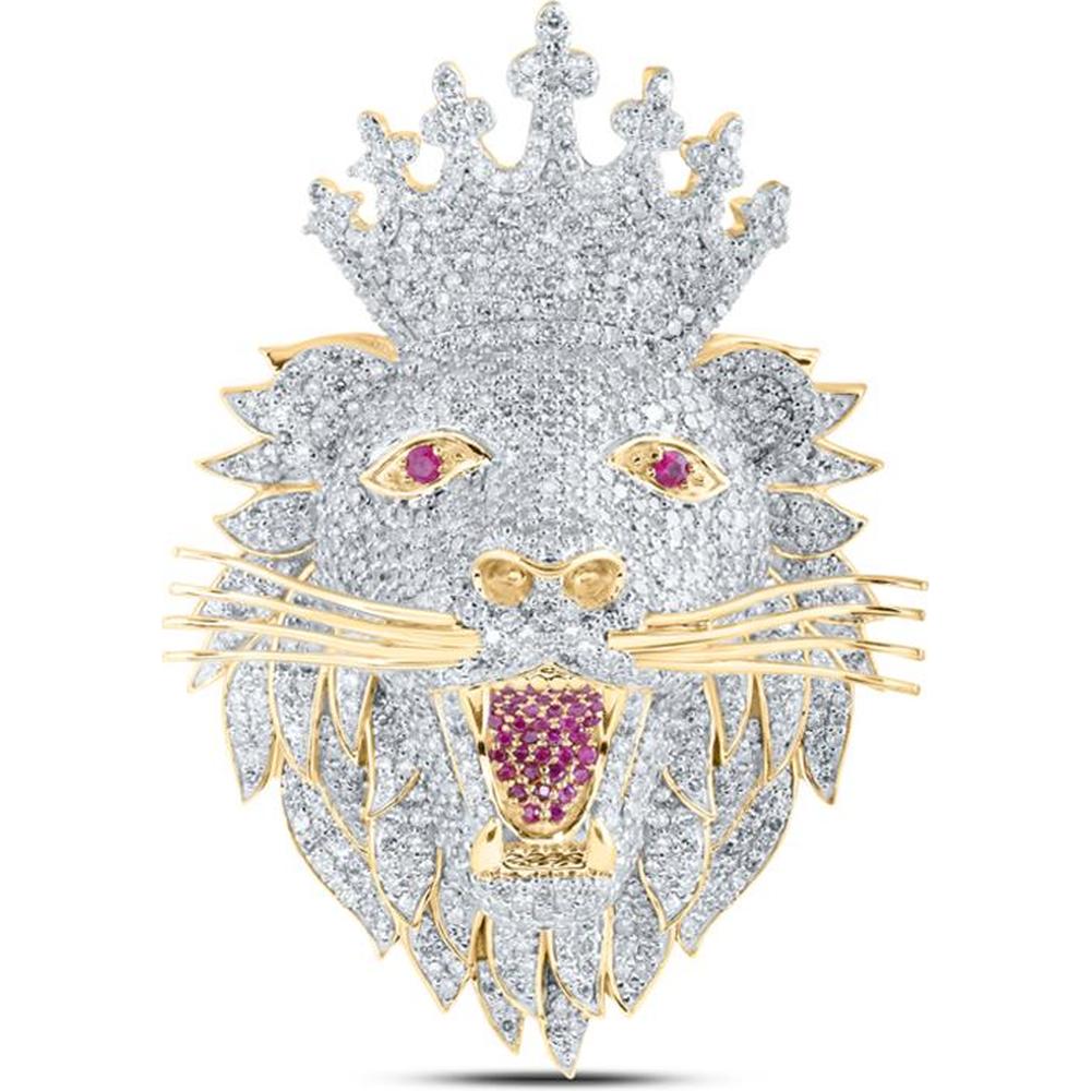 10K Yellow Gold Lion Face Crown Pendant with 5.49 Carat Round Diamonds and 0.33 Carat Red Diamonds - 5.75 Carat Total Gemstone Weight