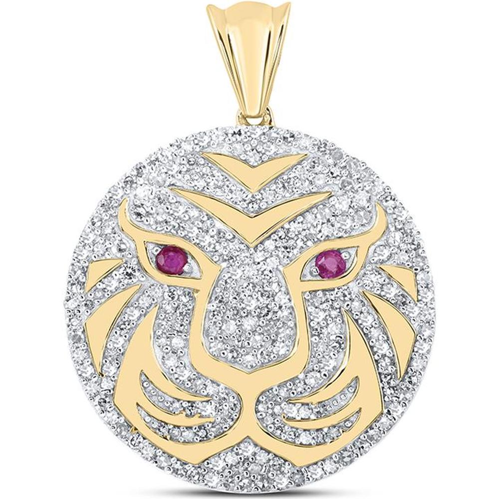 10K Yellow Gold Lion Face Round Diamond Pendant with Ruby Eyes - 1.08 Carat Total Gem Weight